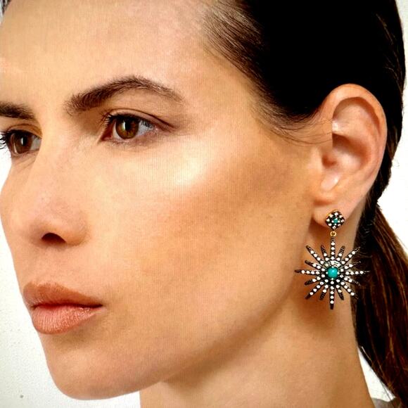 Adornia 14K Yellow Gold Plated Turquoise & Swarovski Crystal Earrings - Picture 2 of 5